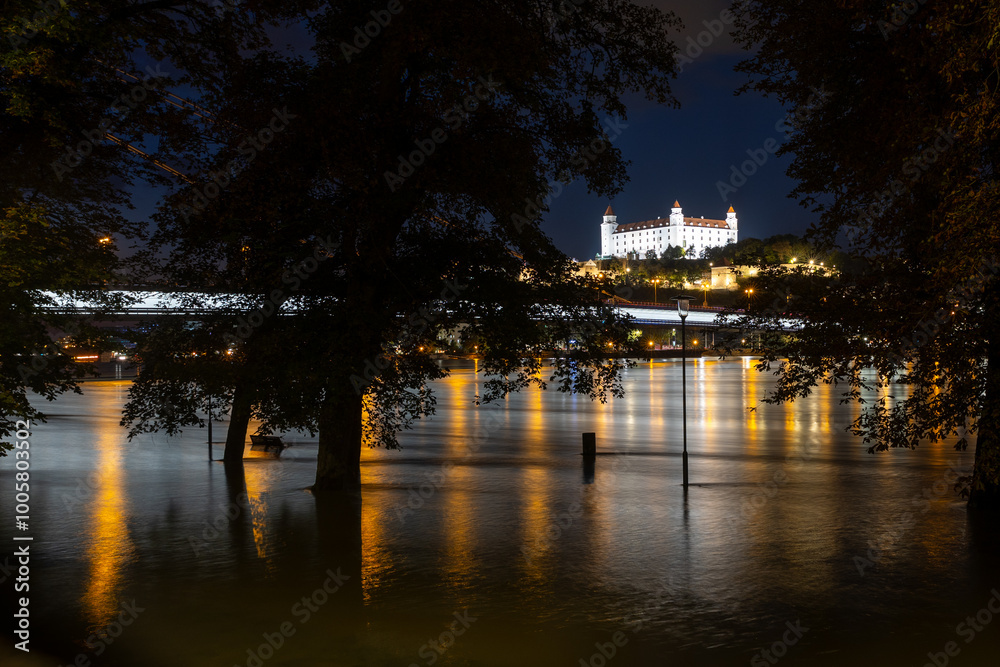 Bratislava during the night, arround the Danube river and flood water Bratislava during the night, arround the Danube river and flood water