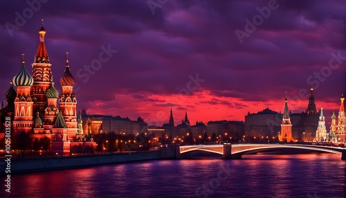 Silhouette of the Moscow skyline with st basils cathedral glowing under a bright red and dark, AI Generated