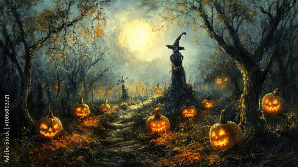 Fototapeta premium spooky Halloween scene featuring witch scarecrow surrounded by glowing jack o lanterns in dark, eerie forest. atmosphere is filled with autumn leaves and haunting moonlight