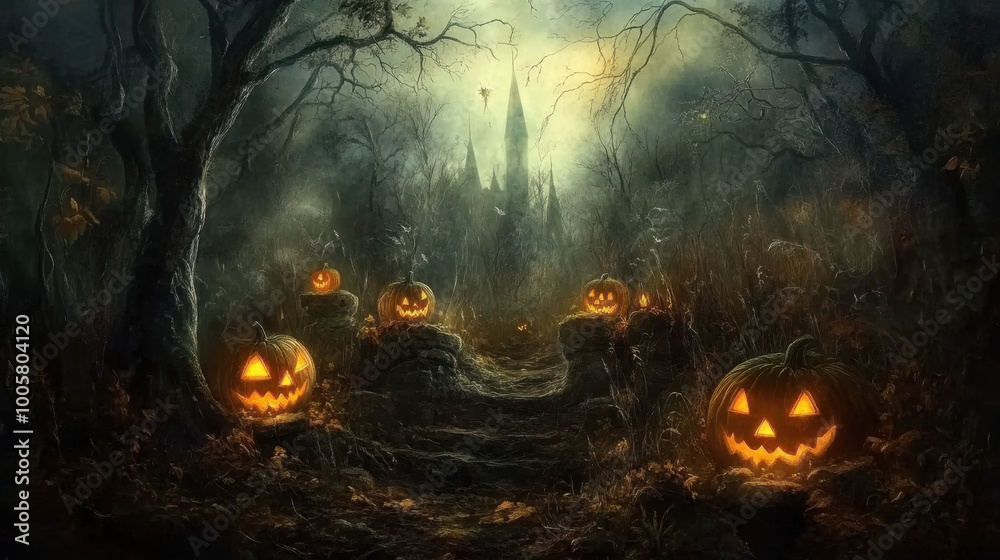 spooky Halloween scene featuring glowing jack o lanterns along misty path leading to haunted castle. eerie atmosphere evokes feelings of mystery and excitement spooky Halloween scene featuring glowing jack o lanterns along misty path leading to haunted castle. eerie atmosphere evokes feelings of mystery and excitement