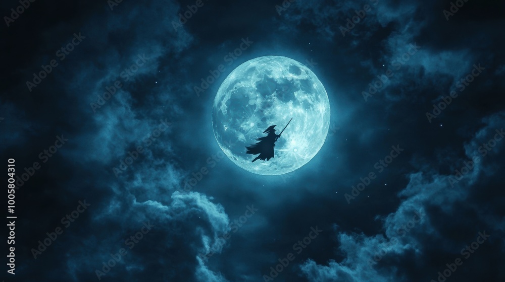 A Halloween witch's flight on a broomstick with a full moon night sky A Halloween witch's flight on a broomstick with a full moon night sky