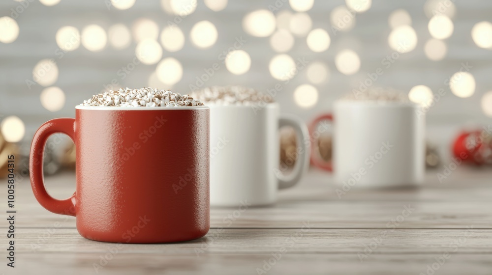 Obraz premium Festive mugs with hot chocolate on a blurred background of soft lights.
