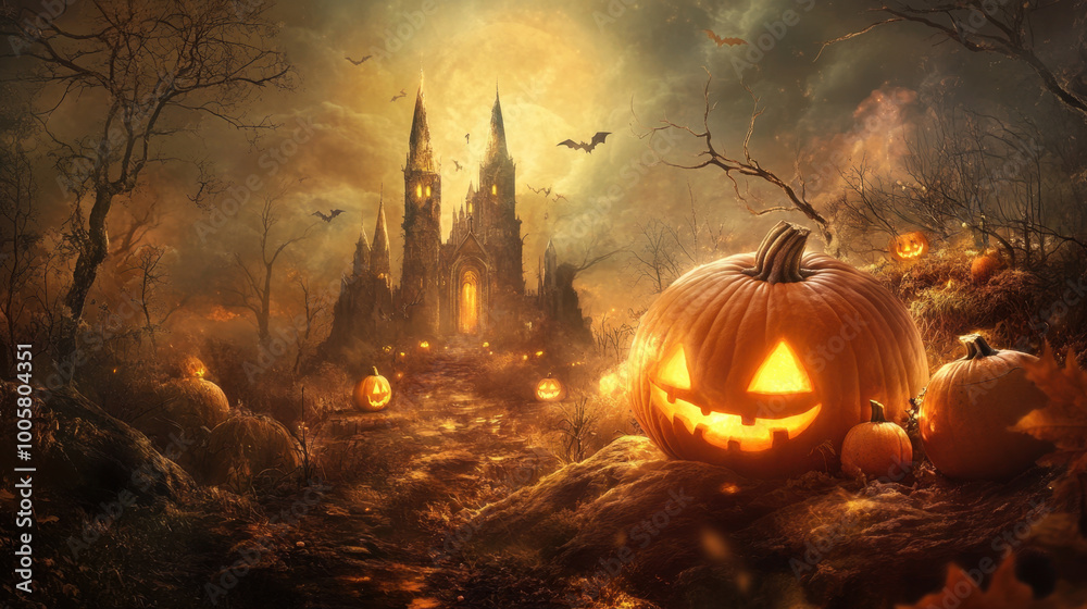 Naklejka premium spooky Halloween scene featuring haunted castle surrounded by eerie trees and glowing jack o lanterns. atmosphere is filled with bats and haunting moonlight, creating thrilling ambiance