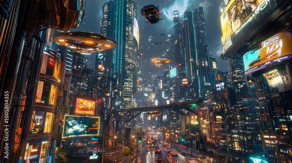 Futuristic Cityscape at Night with Flying Cars. Futuristic Cityscape at Night with Flying Cars.