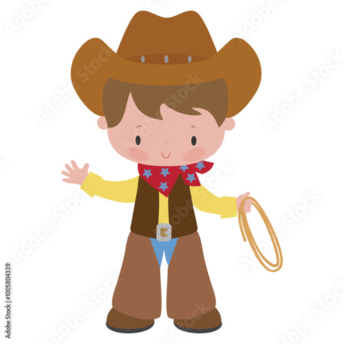 Cute little cowboy with lasso vector cartoon illustration