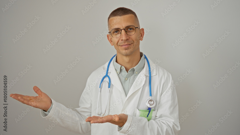 Doctor presenting with open arms in white coat and stethoscope against white background Doctor presenting with open arms in white coat and stethoscope against white background