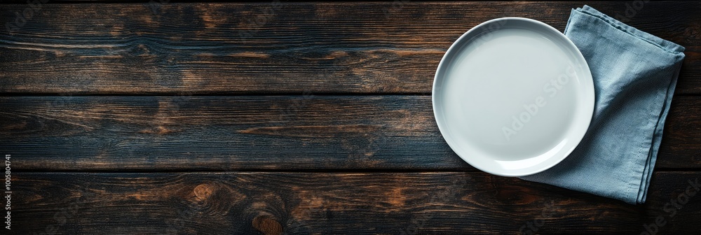 White Plate on Napkin Against Dark Wooden Table Background with Copy Space, Mockup White Plate on Napkin Against Dark Wooden Table Background with Copy Space, Mockup