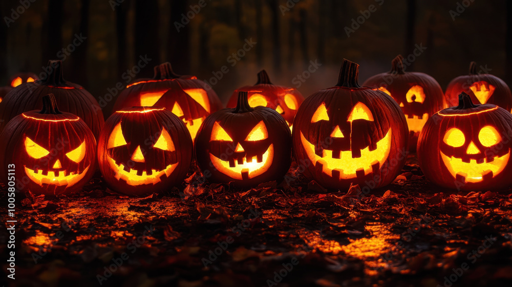 Spooky carved pumpkins glow in dark, creating festive Halloween atmosphere. vibrant orange hues contrast beautifully with autumn leaves, evoking sense of seasonal celebration Spooky carved pumpkins glow in dark, creating festive Halloween atmosphere. vibrant orange hues contrast beautifully with autumn leaves, evoking sense of seasonal celebration