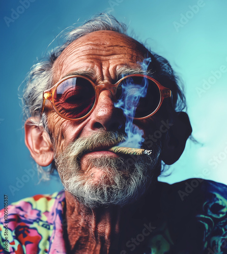 crazy happy elder man with cigar or cigarette, smoking a marihuana joint, weed, ganja, funny expression