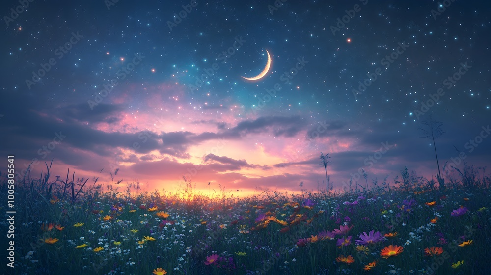 Enchanting Meadow Under Starry Night Sky