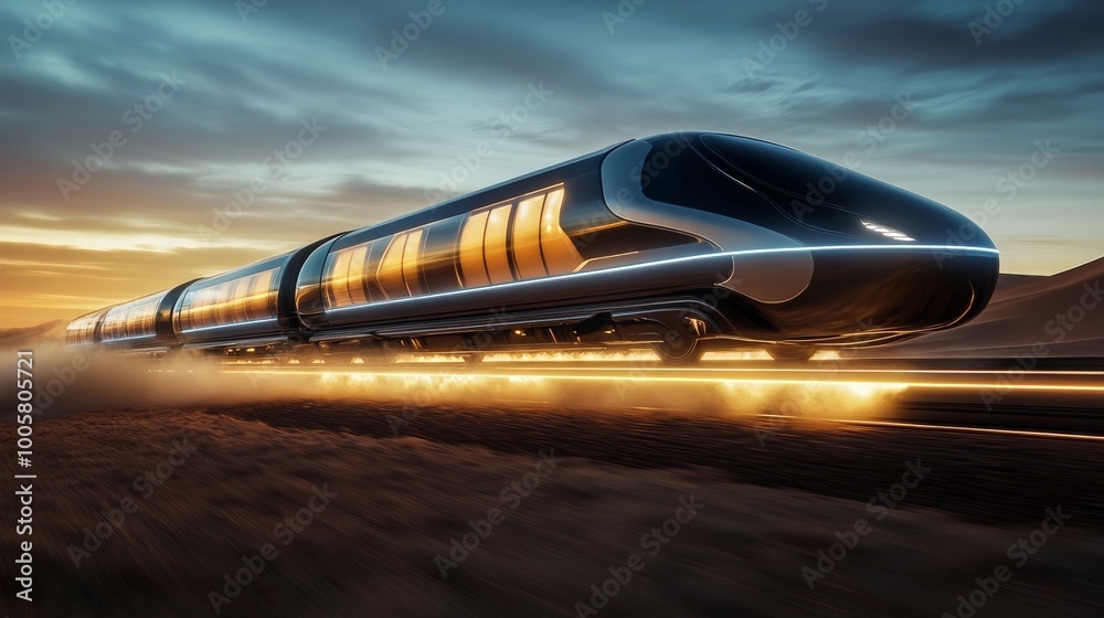 Obraz premium Futuristic Train Speeding Through Desert at Sunset.