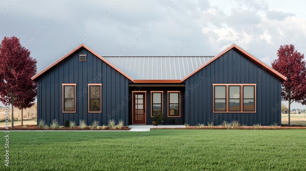 A sleek farmhouse-style home with vertical indigo paneling, copper trim, set on pale green grass and surrounded by maroon trees for a sophisticated rural ambiance A sleek farmhouse-style home with vertical indigo paneling, copper trim, set on pale green grass and surrounded by maroon trees for a sophisticated rural ambiance
