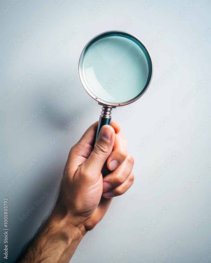 Hand Holding a Magnifying Glass Against a Light Background: Symbolizing Exploration and Discovery Hand Holding a Magnifying Glass Against a Light Background: Symbolizing Exploration and Discovery