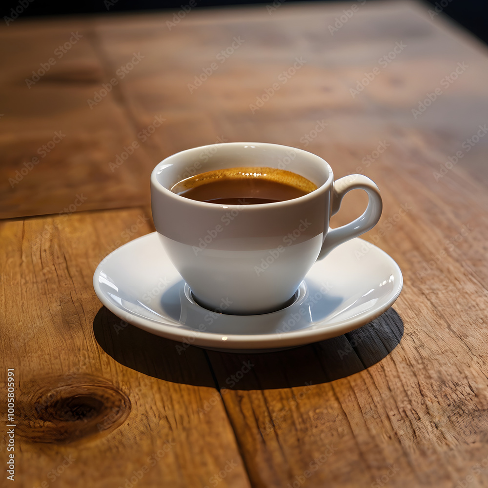 Fototapeta premium Minimalist Coffee Cup and Saucer on Wooden Table