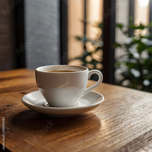 Minimalist Coffee Cup and Saucer on Wooden Table