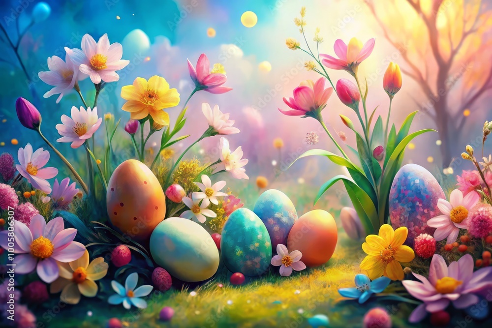 This charming Easter painting showcases soft pastel shades, floral designs, and tender brush strokes, evoking a serene This charming Easter painting showcases soft pastel shades, floral designs, and tender brush strokes, evoking a serene