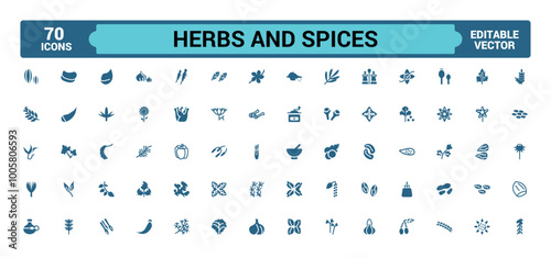 Herbs and spices solid icons set. Bundle of oregano, vanilla, rosemary, pepper and other. Vector pack filled symbols for website or mobile app design.