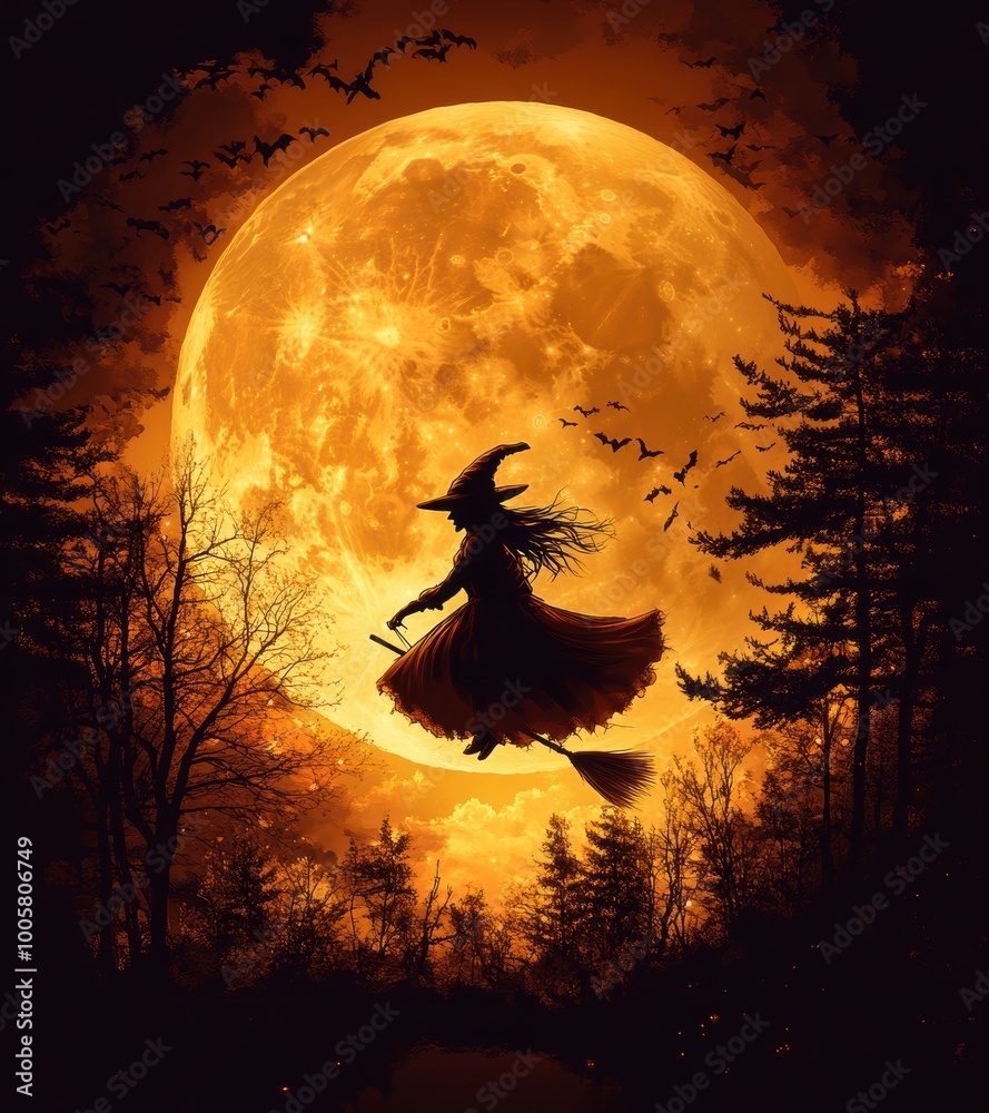 Fototapeta premium halloween night scene with witch flying under a full moon, digital greeting card