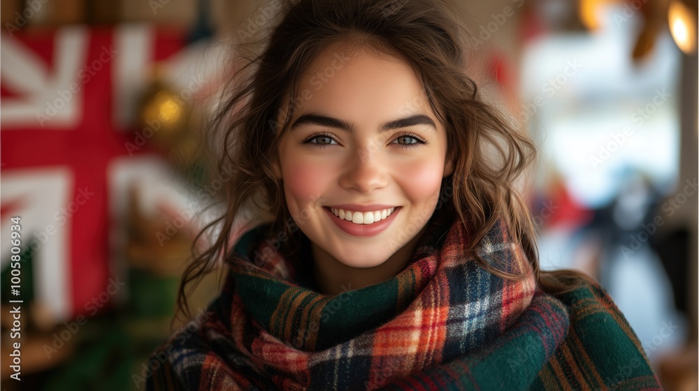 St Andrew's Day, Joyful Young Woman in Tartan Scarf Smiling Brightly St Andrew's Day, Joyful Young Woman in Tartan Scarf Smiling Brightly
