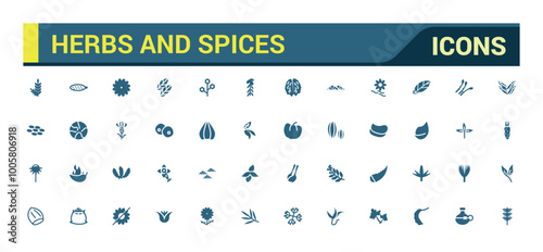 Herbs and spices solid icons set. Bundle of oregano, vanilla, rosemary, pepper and other. Vector pack filled symbols for website or mobile app design.