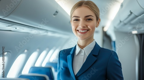 smiling stewardess in a crisp uniform, standing at the entrance of an airplane, welcoming passengers aboard