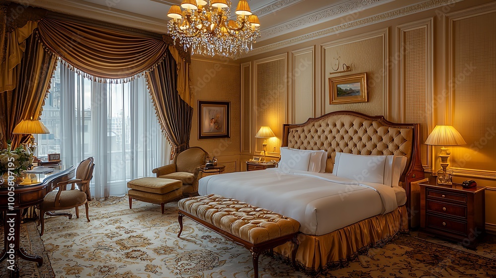 Fototapeta premium Elegance meets comfort in this luxury hotel suite, where sophisticated decor sets the tone.