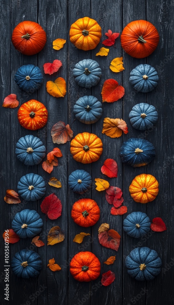 Fototapeta premium Autumnal Abundance A Vertical Array of Colorful Pumpkins and Scattered Leaves on Rustic Wood