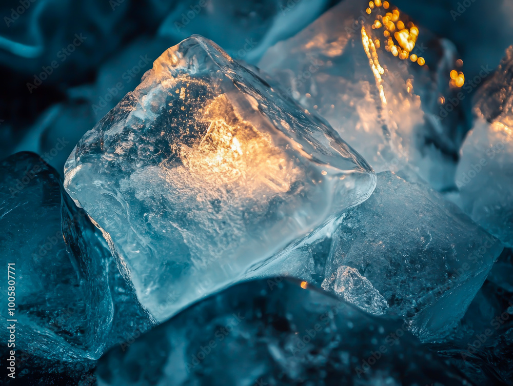 Obraz premium A blue ice cube with a yellow light shining on it. The ice cube is surrounded by other ice cubes, creating a cool and refreshing atmosphere