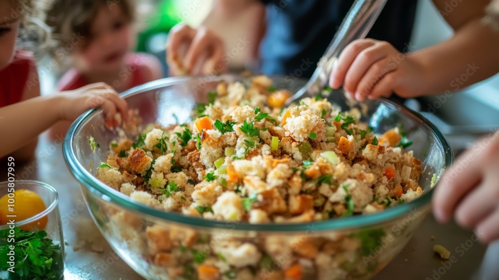 Children Preparing a Large Bowl of Stuffing for Dinner Children Preparing a Large Bowl of Stuffing for Dinner