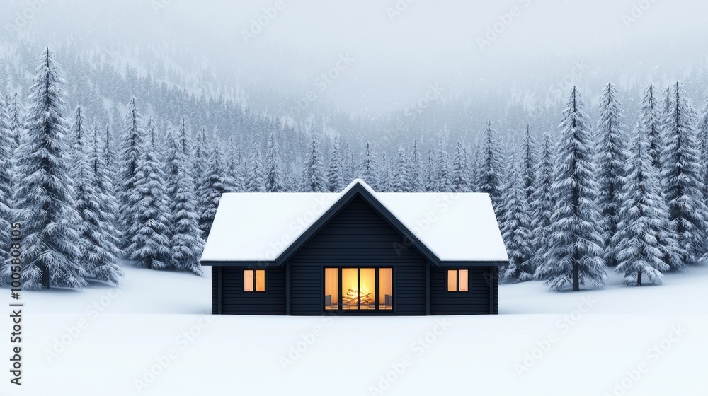 Modern black house in snowy landscape surrounded by tall evergreen trees. Modern black house in snowy landscape surrounded by tall evergreen trees.