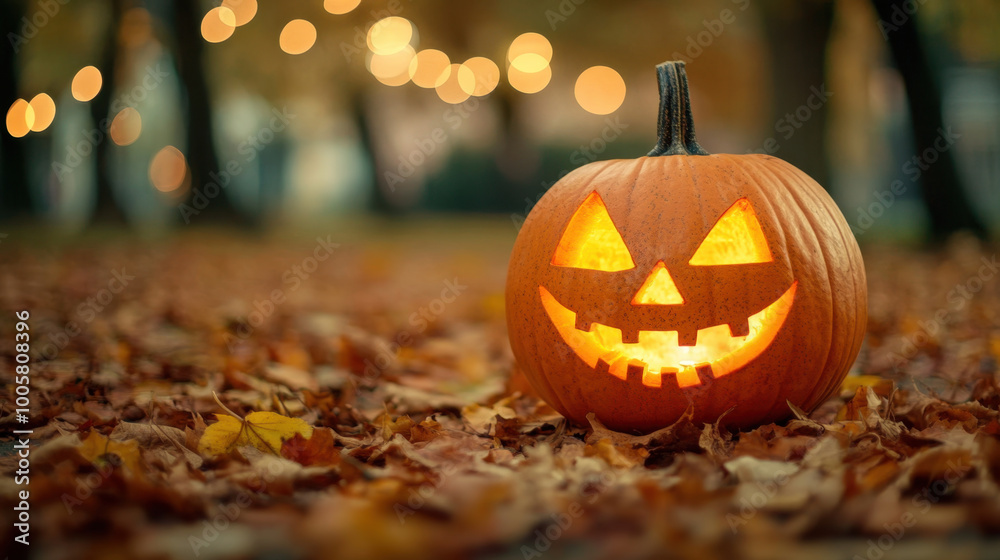 glowing jack o lantern sits among colorful autumn leaves, creating festive Halloween atmosphere. warm light from pumpkin contrasts beautifully with fallen foliage glowing jack o lantern sits among colorful autumn leaves, creating festive Halloween atmosphere. warm light from pumpkin contrasts beautifully with fallen foliage