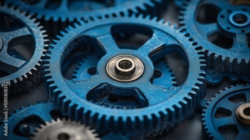 Set of Blue Gears in Motion