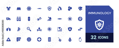 Immunology filled icons set. Solid icons fpr healthy habits, food, antibody, supplement, vitamin and immune system boosting. Vector illustration.