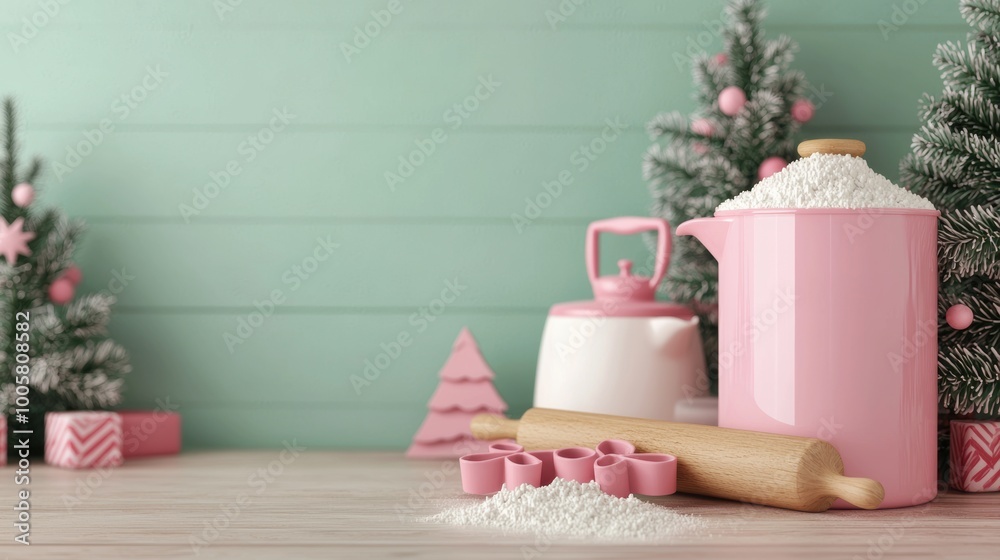 Pink kitchenware with flour, rolling pin, and Christmas trees on a festive background. Pink kitchenware with flour, rolling pin, and Christmas trees on a festive background.