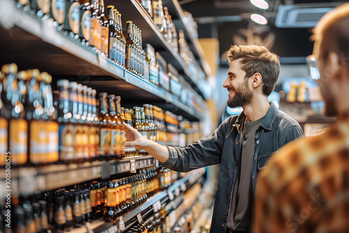 Smiling man is choosing a bottle of beer from the shelf, shopping for alcohol in a supermarket photo