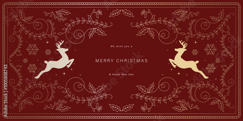 Luxury Christmas and Happy new year background folk design vector. Elegant holly leaves branch, reindeer, snowflake, flower on red background. Design for wallpaper, banner, cover, website.