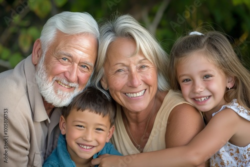 Happy multi-generational family portrait outdoors with bright smiles and close bonds.