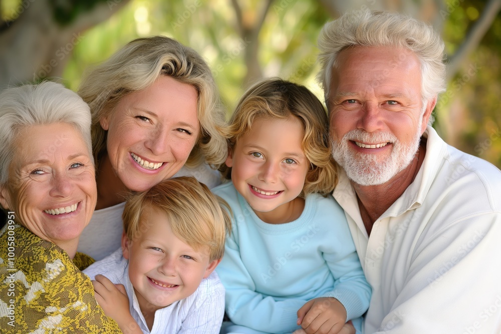 Happy multi-generational family portrait outdoors with bright smiles and close bonds. Happy multi-generational family portrait outdoors with bright smiles and close bonds.