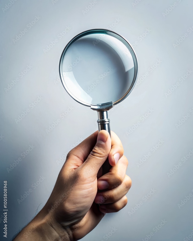 Hand Holding a Magnifying Glass Against a Light Background: Symbolizing Exploration and Discovery Hand Holding a Magnifying Glass Against a Light Background: Symbolizing Exploration and Discovery