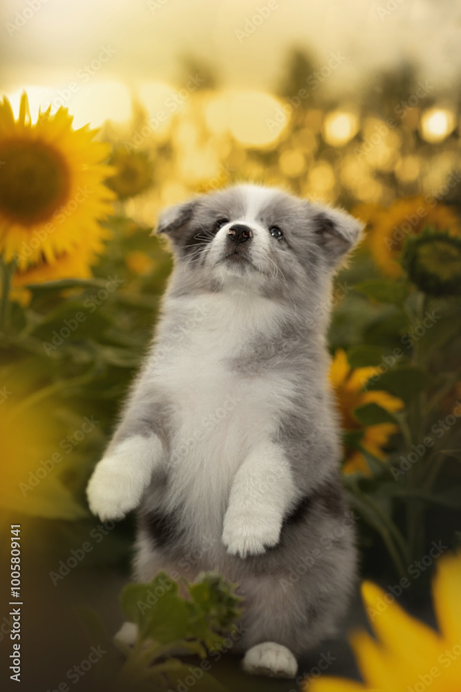 border collie cute puppy on the sunflowers field at sunset time border collie cute puppy on the sunflowers field at sunset time