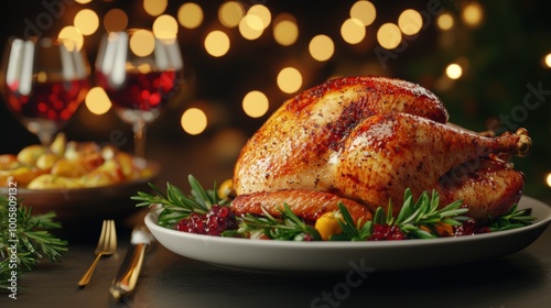 Roasted turkey on a festive table with wine and holiday decorations.