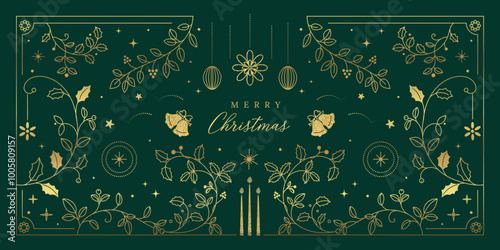 Luxury Christmas and Happy new year background folk design vector. Elegant hanging bauble, bell, leaves branch, candle, snowflake on green background. Design for wallpaper, banner, cover, website.
