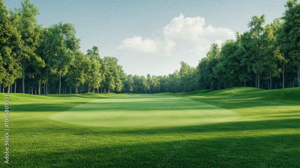 Scenic golf course landscape with lush green grass and trees under a clear sky Scenic golf course landscape with lush green grass and trees under a clear sky