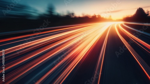 A dynamic view of light trails on a road during sunset, conveying speed and motion.