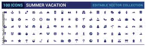 Summer Vacation solid icons. Tourism and beach icons in filled style. Travel, holiday, camera. Flat icon collection. Vector illustration.