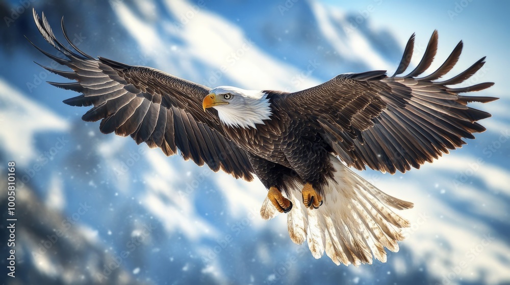 Obraz premium Bald Eagle in Flight Against a Snowy Mountain Background.