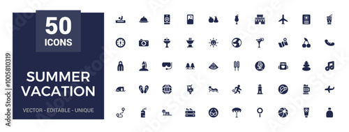 Summer Vacation solid icons. Tourism and beach icons in filled style. Travel, holiday, camera. Flat icon collection. Vector illustration.