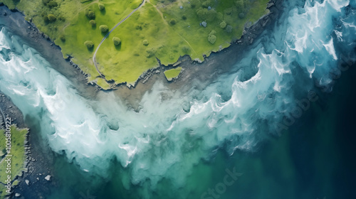 A breathtaking abstract green nature landscape captured from a drone, showcasing the flowing natural beauty of the earth's textures and colors.