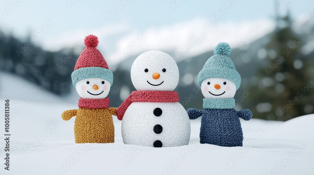 Three cute knitted snowmen in a snowy landscape, cheerful winter scene. Three cute knitted snowmen in a snowy landscape, cheerful winter scene.