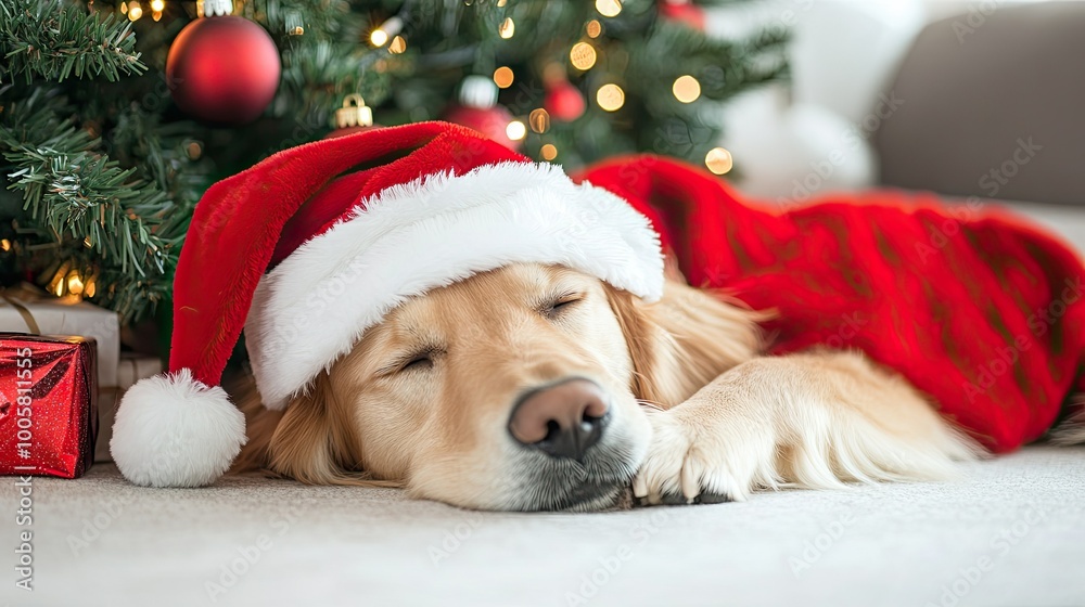 Golden Retriever dressed as Santa Claus resting by a Christmas tree, with a white background providing ample space for holiday greetings or promotional text. Golden Retriever dressed as Santa Claus resting by a Christmas tree, with a white background providing ample space for holiday greetings or promotional text.